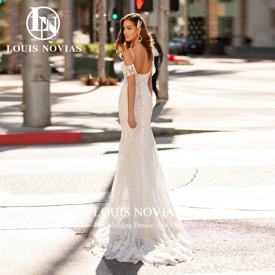 LOUIS NOVIAS Mermaid Wedding Dresses For Woman Sexy Short Sleeve Spaghetti Straps Appliques Lace Wedding Gown Vestidos De Novia