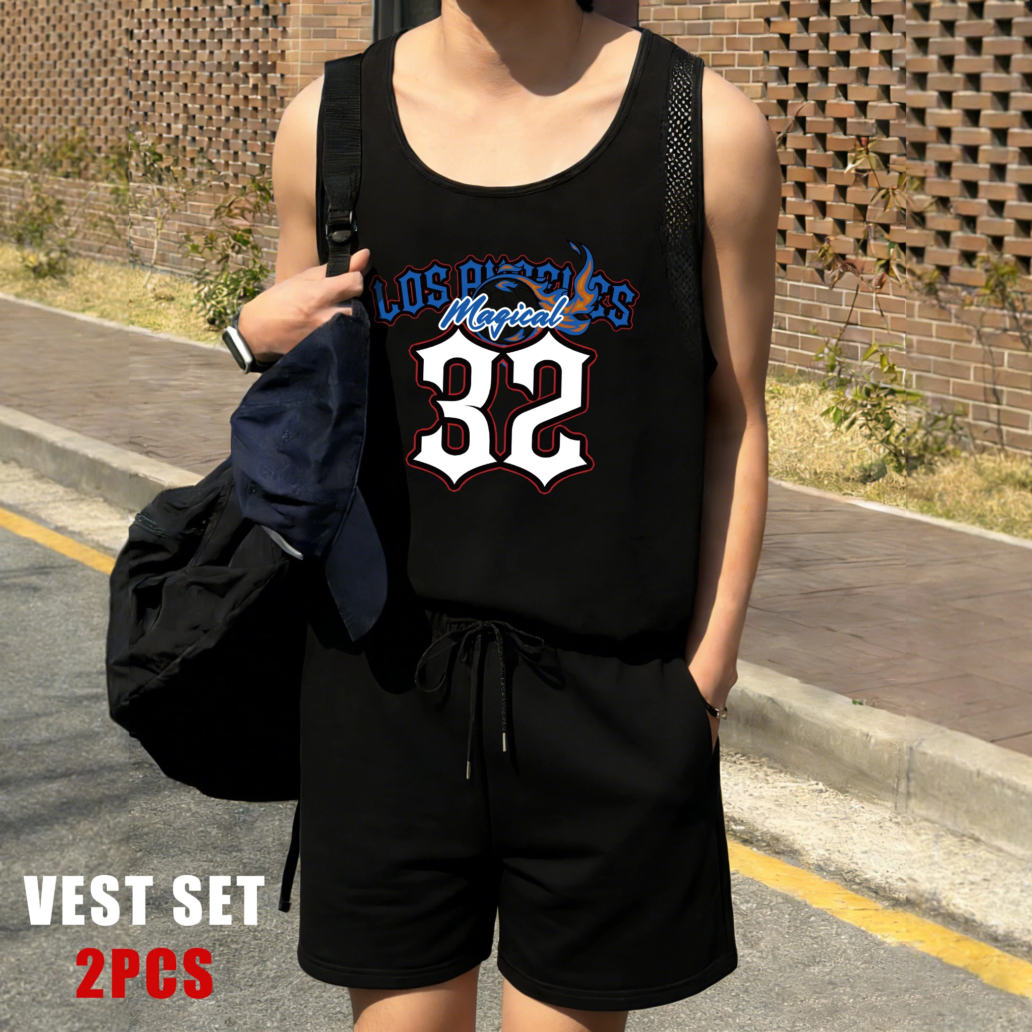 

Los Angeles Magical Number 32 Prints Mens Reticular Vest Set Summer Street Fashion Shorts Unisex All-Match Sweatpants Suit