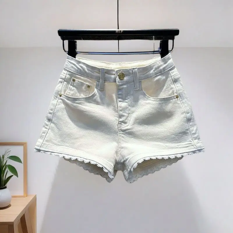Korean Fashion White Denim Patchwork Lace High Waist Wide Leg Shorts Women Summer Vintage Washed Jean Short Pants Casual Popular
