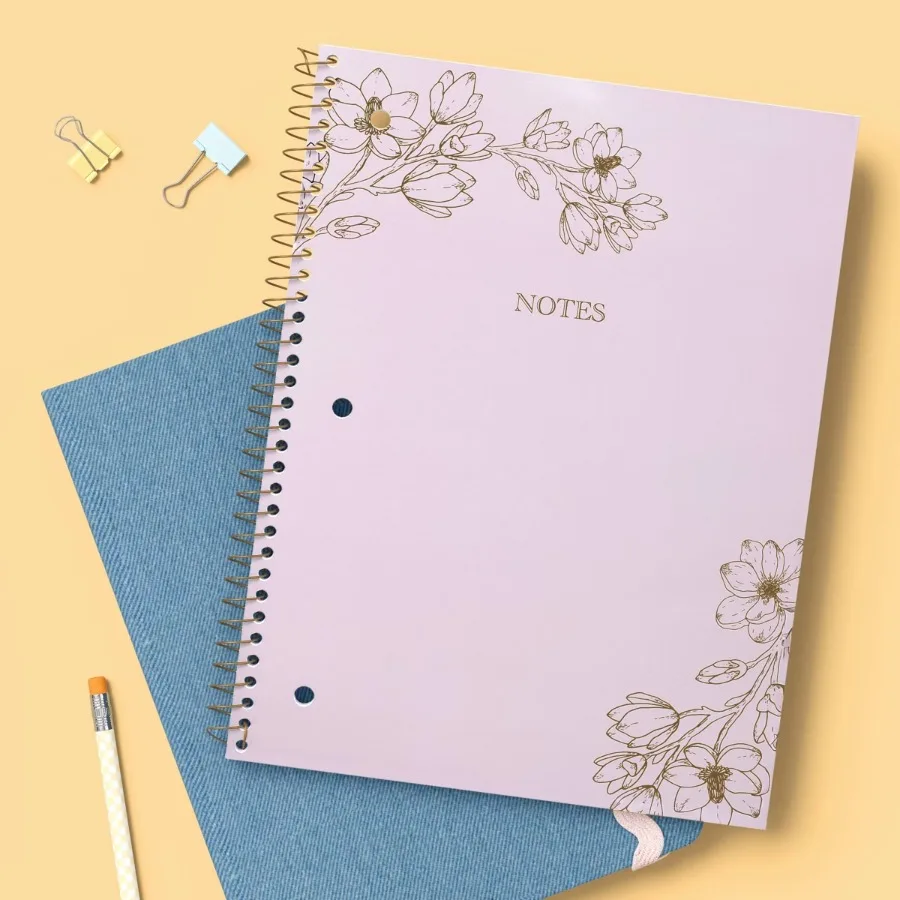 7.5"×10.5" Gold Spiral Notebook, College Ruled with Delicate Flower Gold Foil Cover for School Office Writing