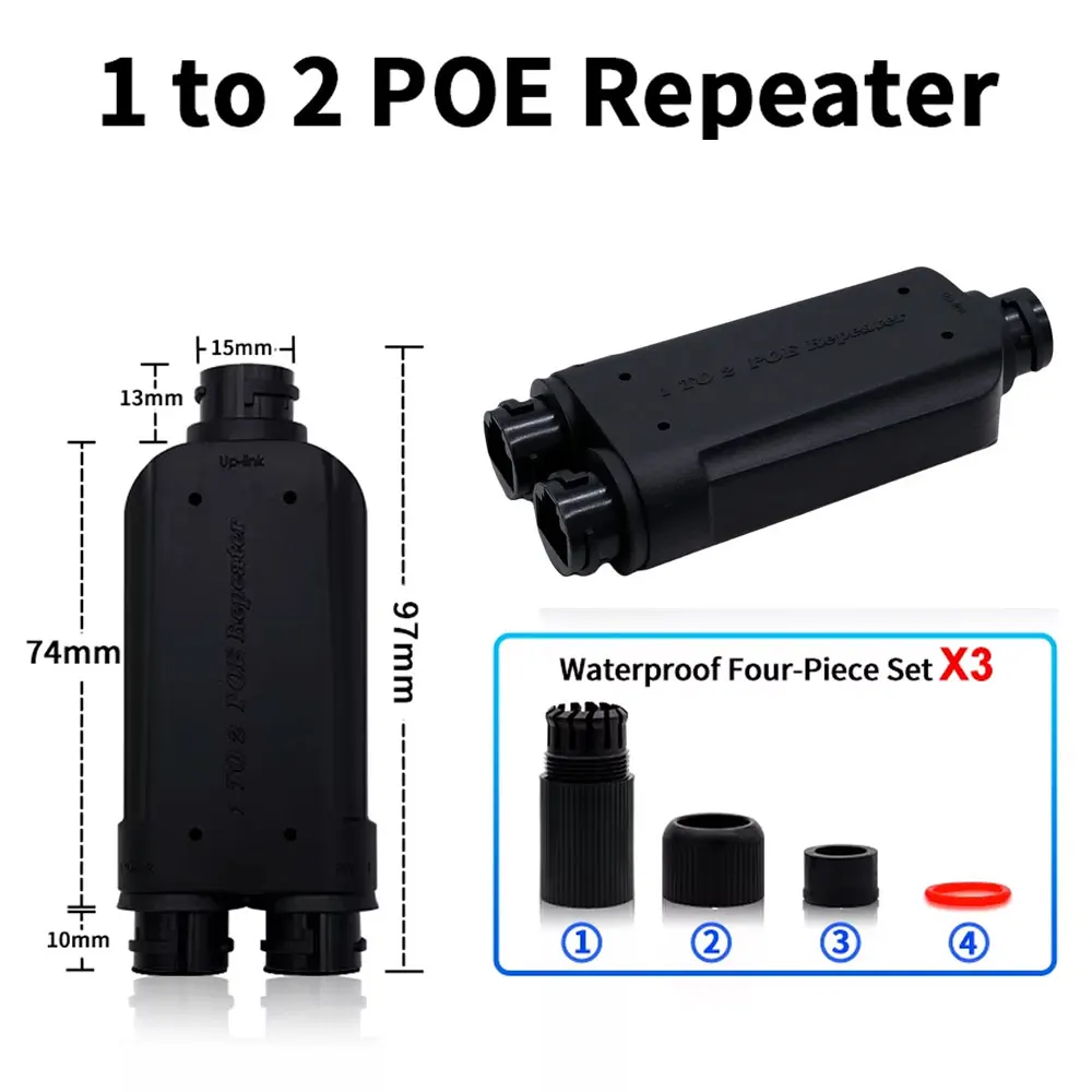 CCTV 1 to 2 PoE Extender with IEEE802.3af/at 48V Outdoor for POE Switch Camera 2 Port Waterproof POE Repeater Black