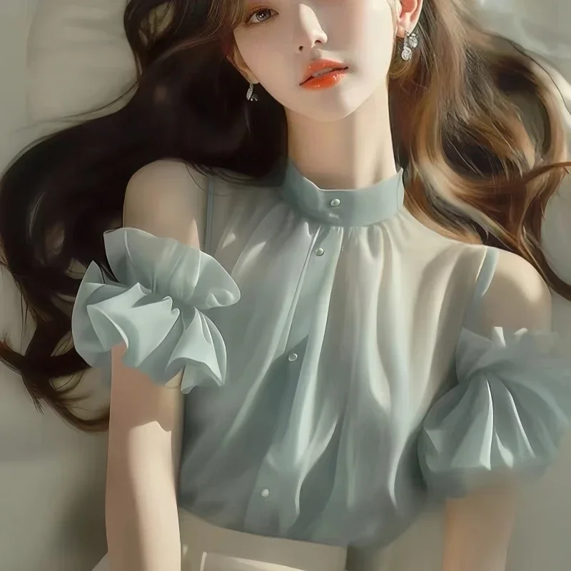 

Korean Shirts Fashion Loose Spring/summer Clothing Vintage Solid Color Short Sleeve Ruffled Women Tops Chiffon Women's Blouses