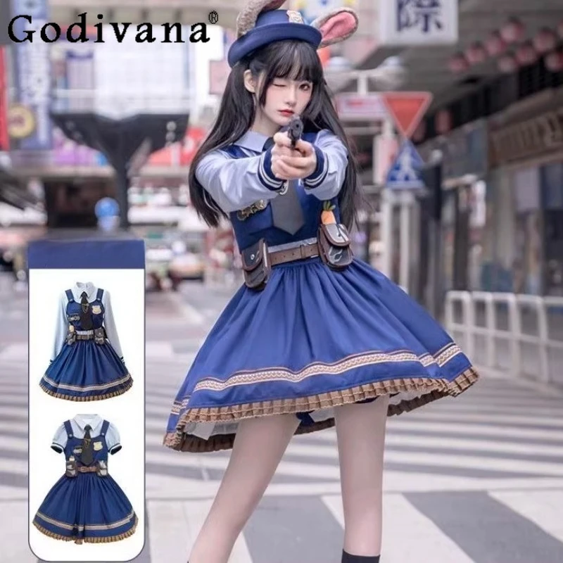 

Rabbit Police Officer Adult Cos Lolita Dress Set Women's Halloween Cosplay Vest Long Sleeve Dress and Shorts Set Female Costumes