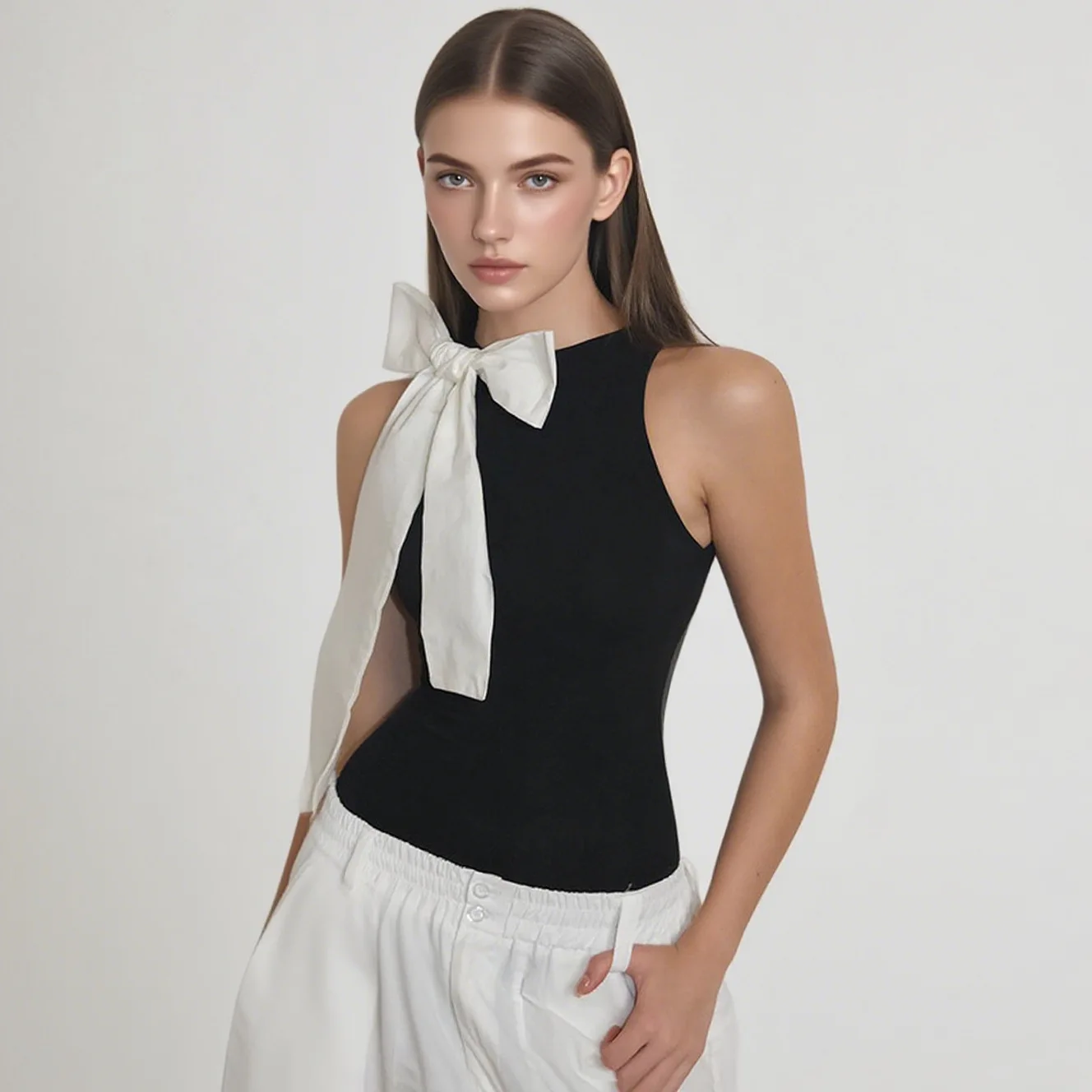 

Women's Contrasting Color Bow Decorative Svel ort Pants mid Waist Ci Walk Spring Season Medium Stretch