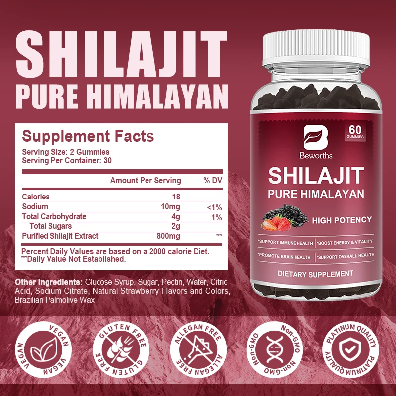 Beworths Shilajit Gummies Organic Mineral Supplements Energy Level, Memory and Focus Support Relieve Stress Overall Health