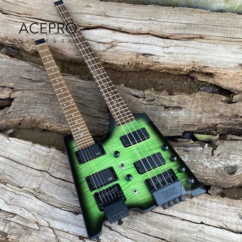 

Double Neck Headless Electric Guitar, Green Burst Flamed Maple, Tremogo Bridge 6 String Guitar + 4 String Bass Combo