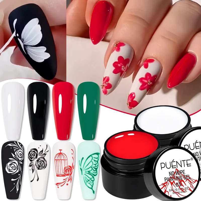 PUENTE 5ML No-Wipe Malgel Nagellack Schwarz Weiß Rot Grün Einfarbiges Gel für DIY-Zeichnungen Soak-Off UV Nagelkunst Lack