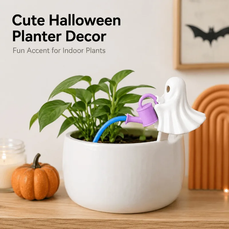 Ghost Watering Plant Decor, Halloween Flower Pot Ornament with Faux Water Stream, Cute Desk Shelf Decor, Plant Lover Gift