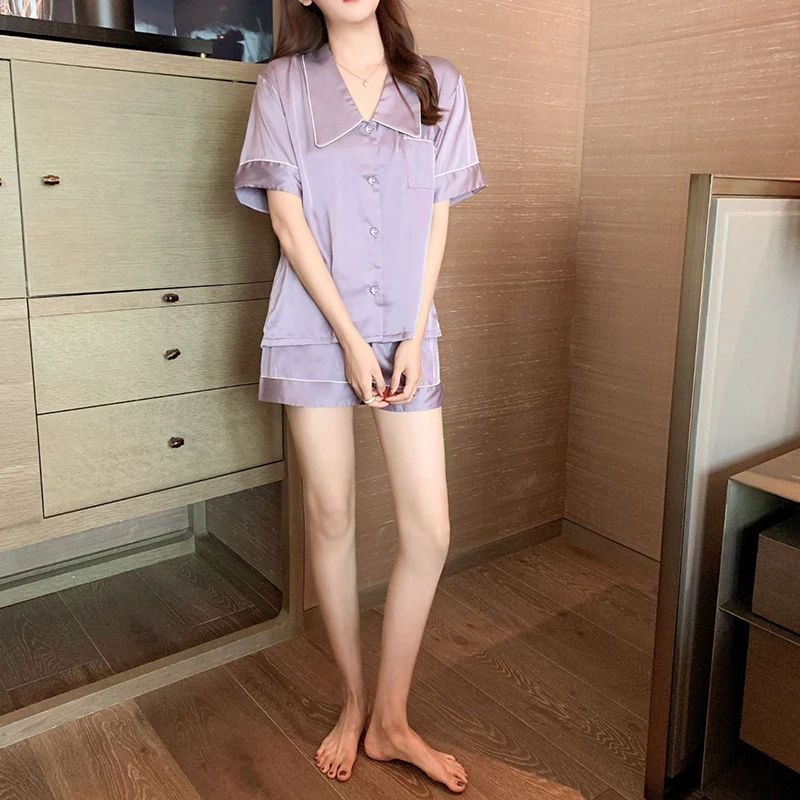 Elegant Rhinestone Button Purple Pajamas Women Y2k Simulated Silk Ladies Summer Short Lounges 2024 New Fashion Solid Nightwear