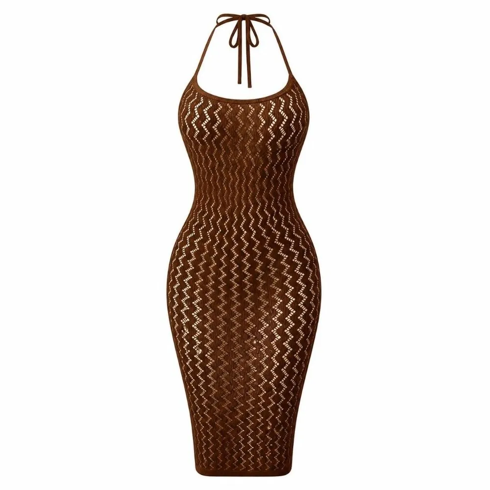 Hollow Out Halter Neck Bodycon Dress Mesh Cover Up Knitted Halter Midi Dress See Through Fishnet Backless Bodycon Dress Poolside