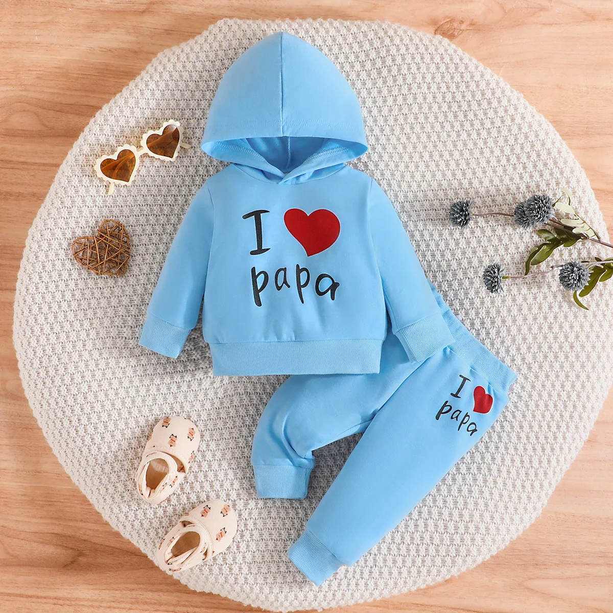 The new baby love letter print hooded sweatshirt pullover + trouser set foreign trade spot delivery