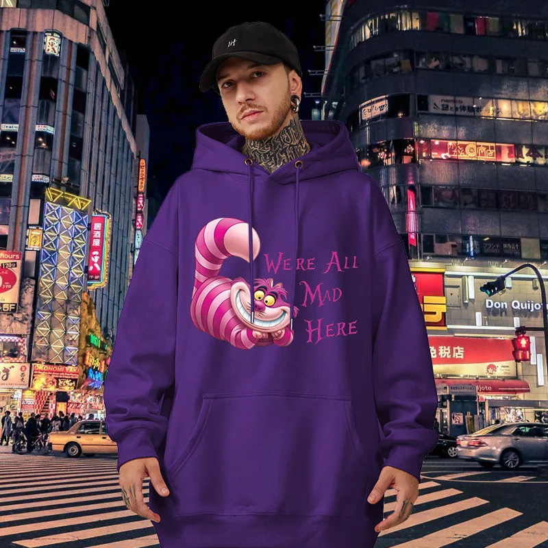 Popular Disney Alice in Wonderland Cheshire Cat print hooded men\'s and women\'s hoodies couple casual sports street hoodies