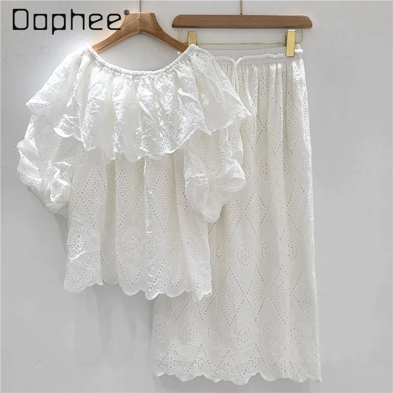 

European Station Hollow Lace Shoulder Short Sleeve Top High Waist Elastic Slim Skirt High-end Light Luxury Casual Two-piece Set