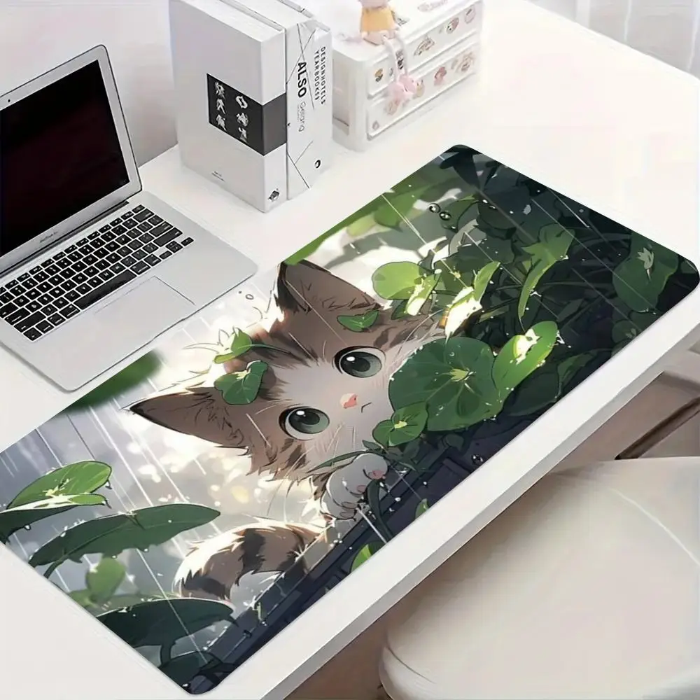 Cute Cat Green Leaf Forest Large Mouse Pad , Fresh Nature cat Landscape Gaming Desk Mat Non-Slip Stitched Edge Keyboard Mat