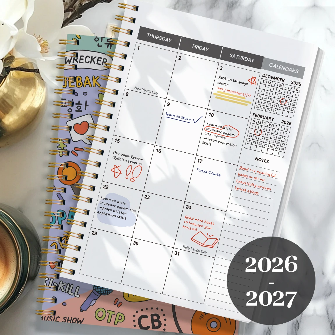 2026-2027 مخطط شهري A5، ملزمة حلزونية، غطاء خربش K-pop، منظم تقويم لمدة 24 شهرًا مع ورق سميك غير منتفخ