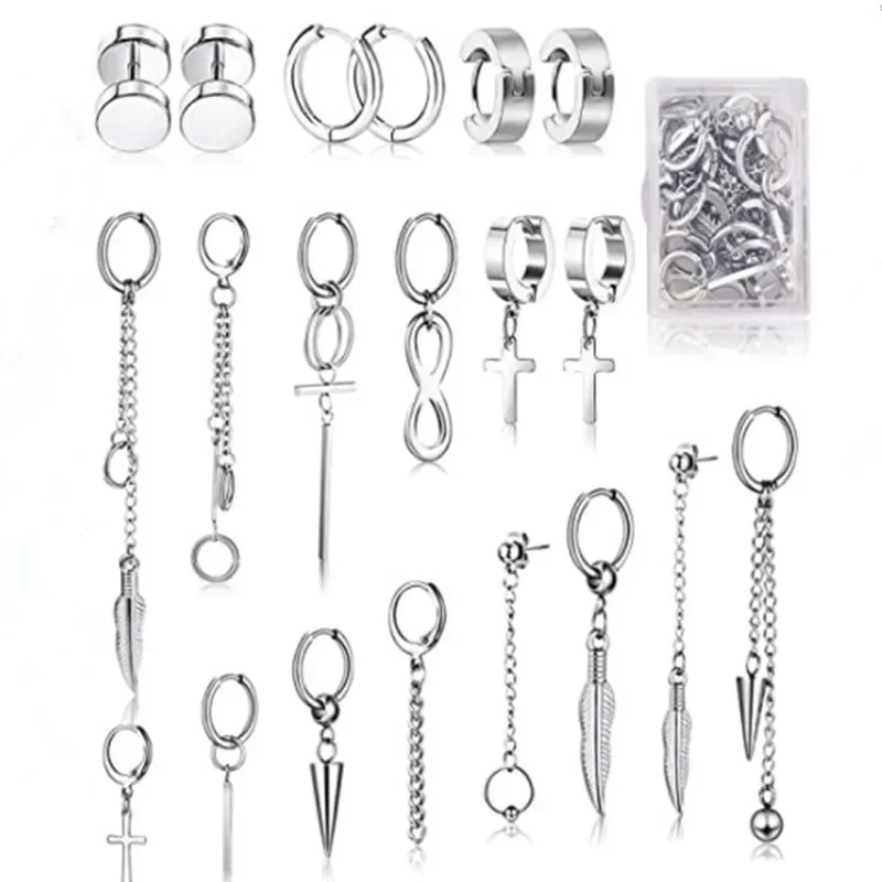 

20 Pieces Titanium Steel BTS Hoop Earring Set Versatile KPOP Gold Black Cross Earrings Ear Buckles Earrings for Women Men Couple