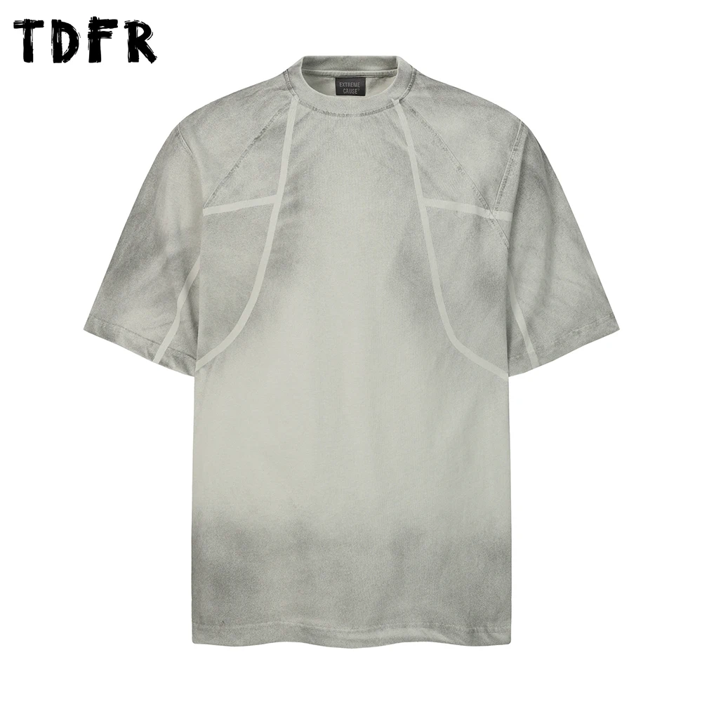 Spliced Raglan Short Sleeve T-shirt Mens Print Summer Retro Cargo Washed Distressed Loose Crew Neck Half-Sleeve Cotton Tee