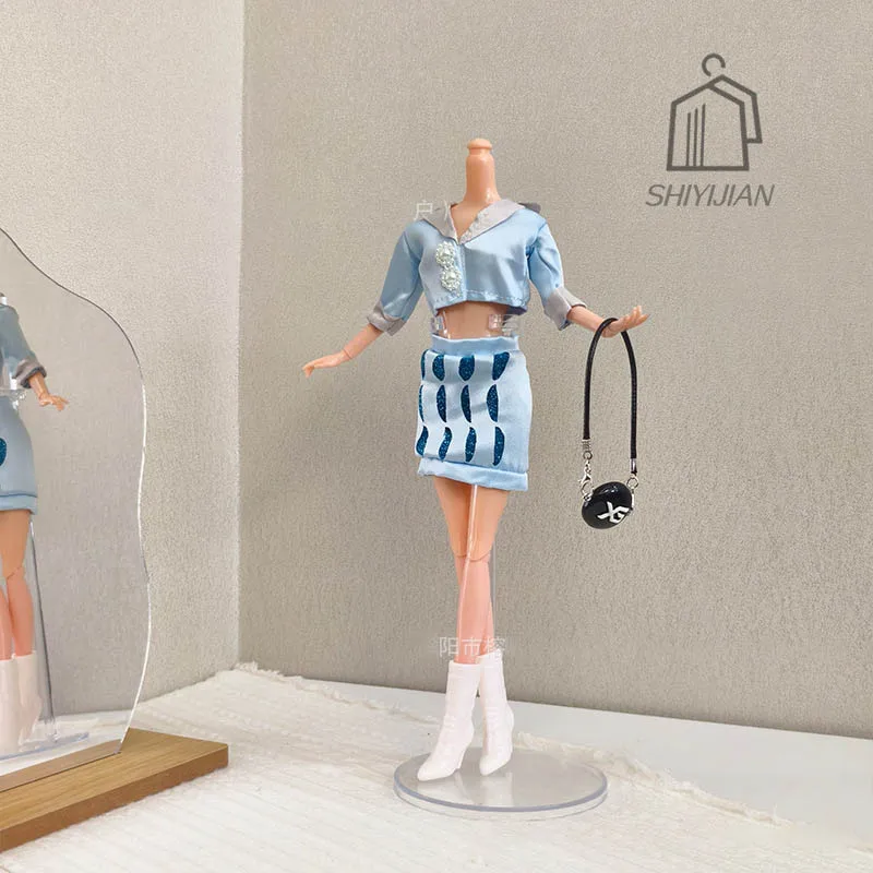 

30 см/11 дюймов супермодель кукольная одежда аксессуары синий шелковый топ с жемчугом + полуюбка + белые сапоги повседневное платье одежда принцессы