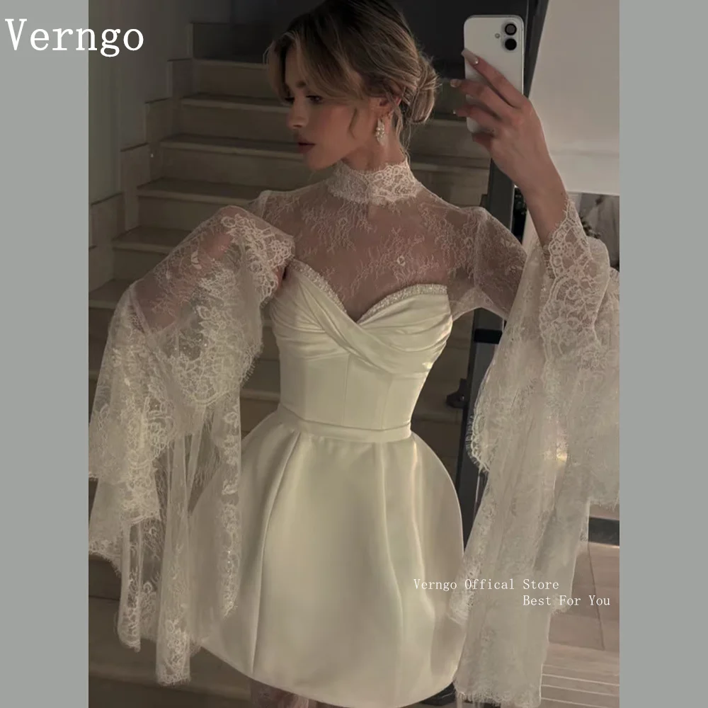 

Verngo Elegant Lace Mini Wedding Dress High Neck A Line Short Bride Dress Elegant Pleated Bridal Gowns 2026 Customized
