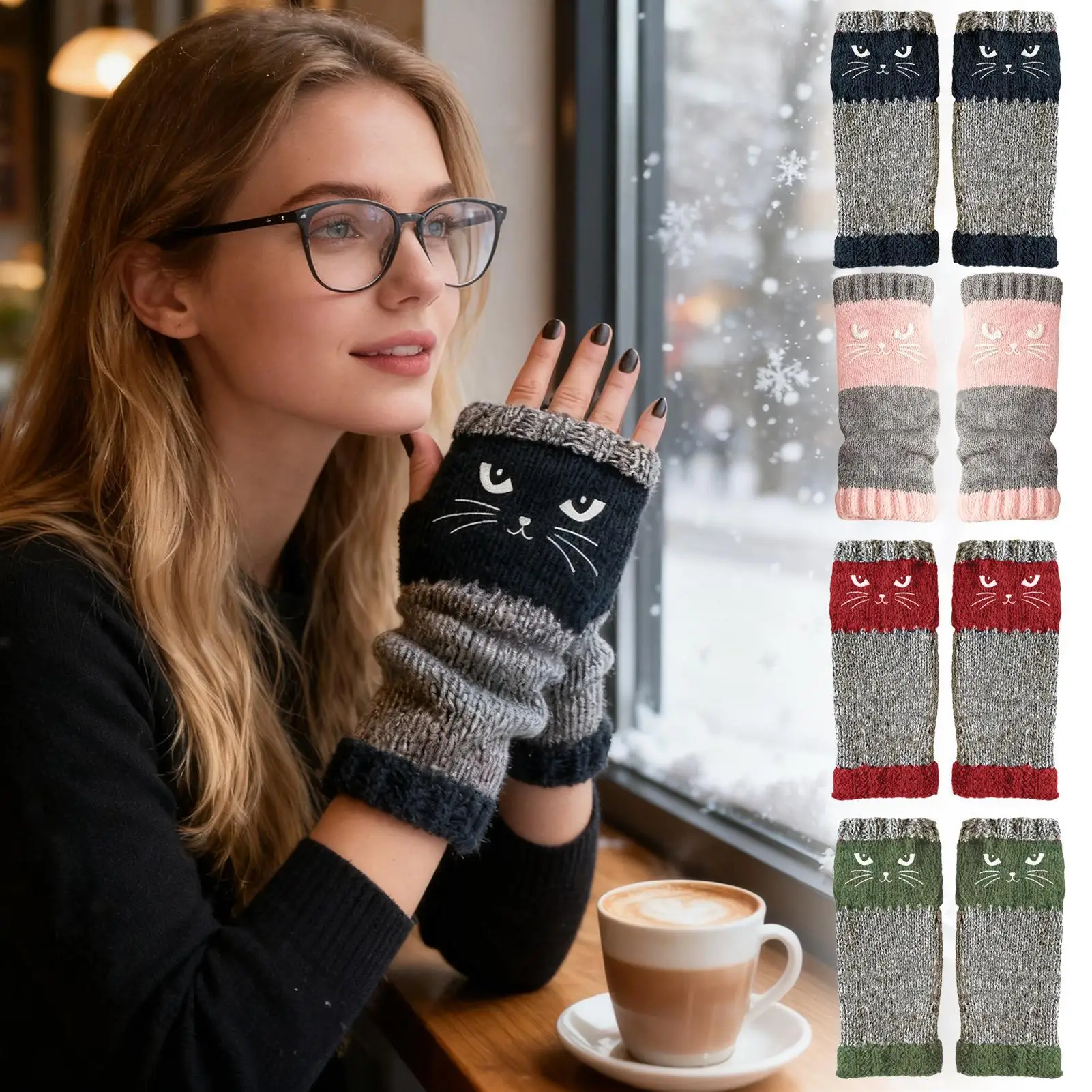 

Winter Half-Finger Gloves Unisex Knit Fingerless Gloves Cat Embroidery Outdoor Warming Supplies Warm Open Finger Wearing Gloves