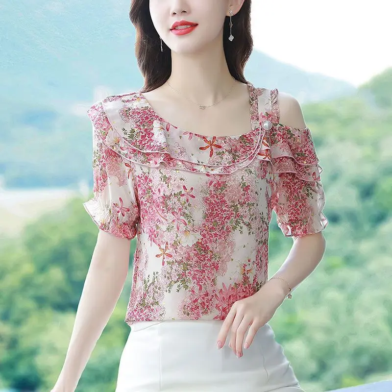 2024 New Summer Korean Elegant and Fashionable Blouse Short Sleeved Slim Fit One Neckline Ruffles Printed Women\'s Shirt Top