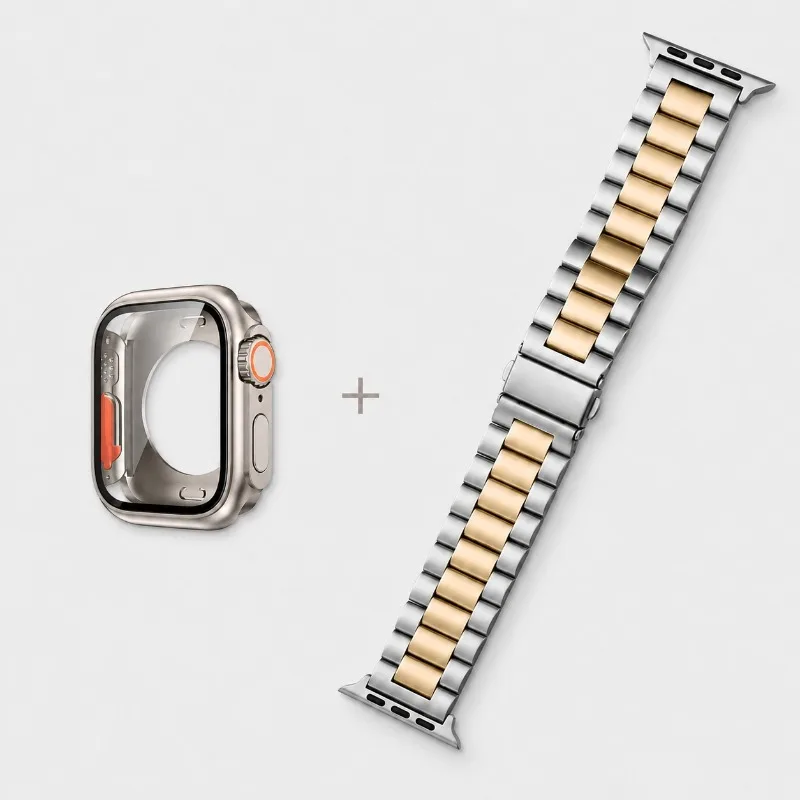 Change to Ultra Case+Band For Apple Watch 40mm 41mm 44 45mm Luxury Stainless Steel Strap for iWatch Series 9 8 7 6 SE 5 4
