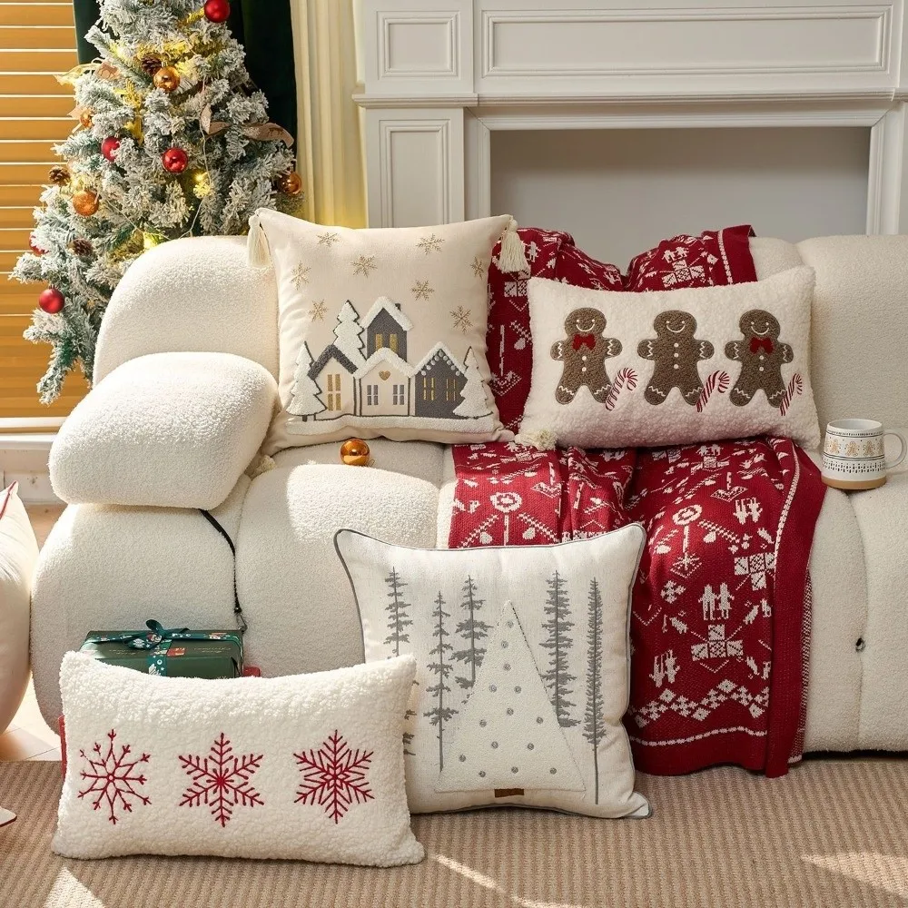 

Merry Christmas Throw Pillow Case Embroidered Design 30x50 45x45 Pillow Cover Colorful Soft Sofa Cushion Covers Holiday Decor