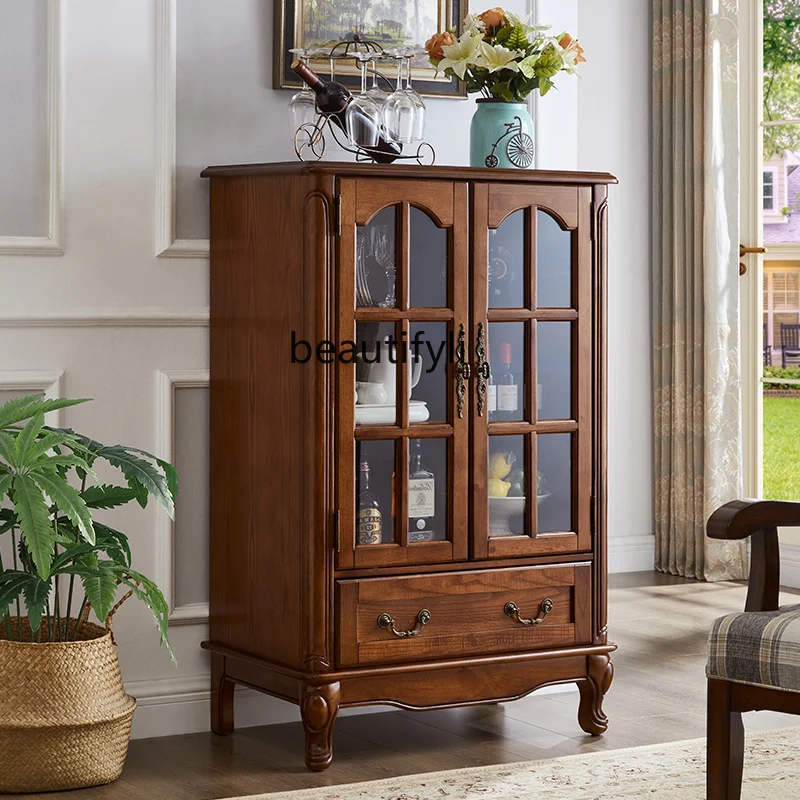 

Solid wood double door wine cabinet glass cabinet living room display storage European American side cabinet