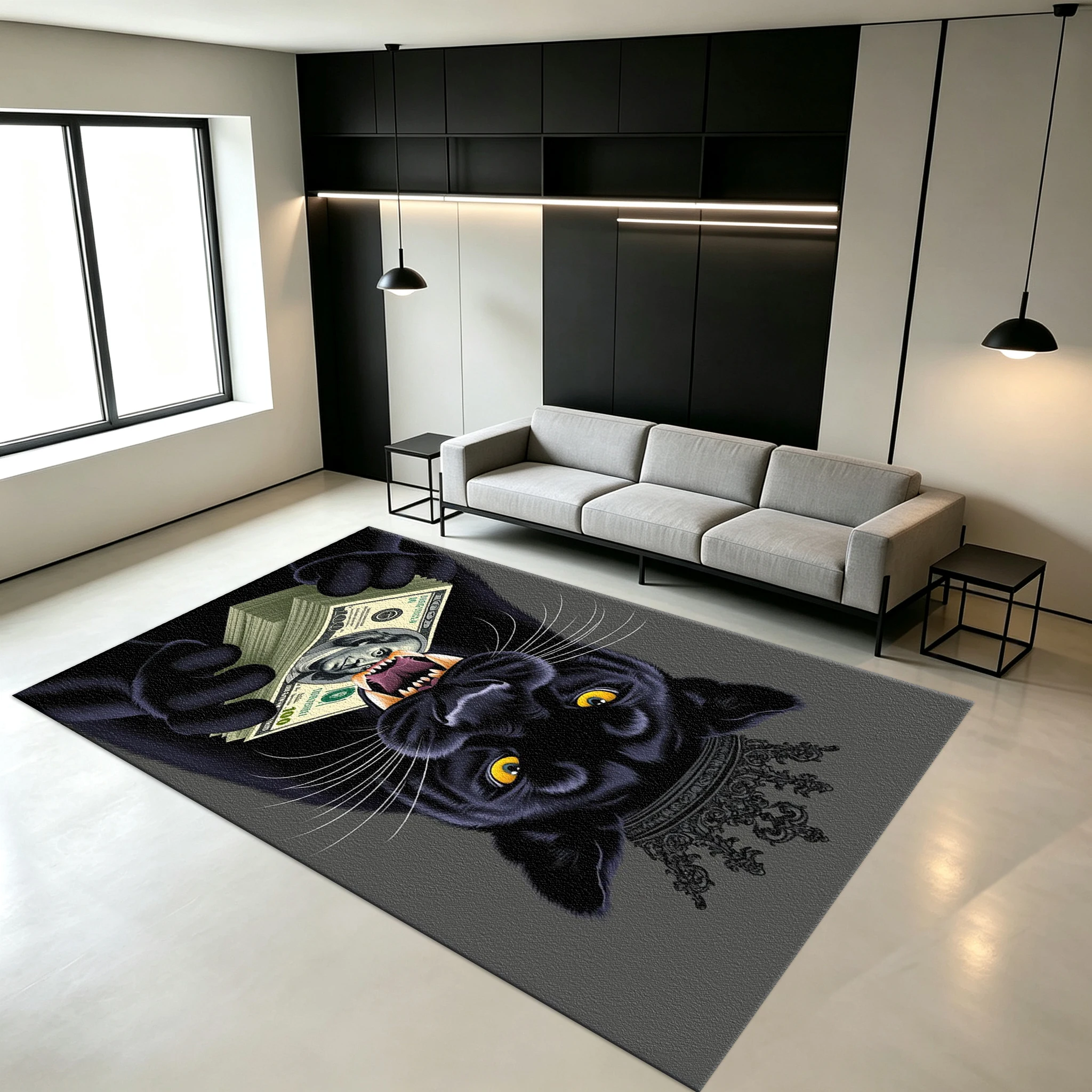 Crowned Black Panther Holding Dollar Bills Carpet Floor Mat Cool Animal Hip-Hop Non-Slip Floor Mat