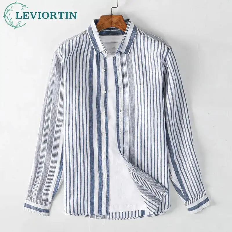 Spring and Autumn New Linen Men's Wear Refreshing Breathable Striped Casual Fashion Versatile Loose Collar Long Sleeve Shirt