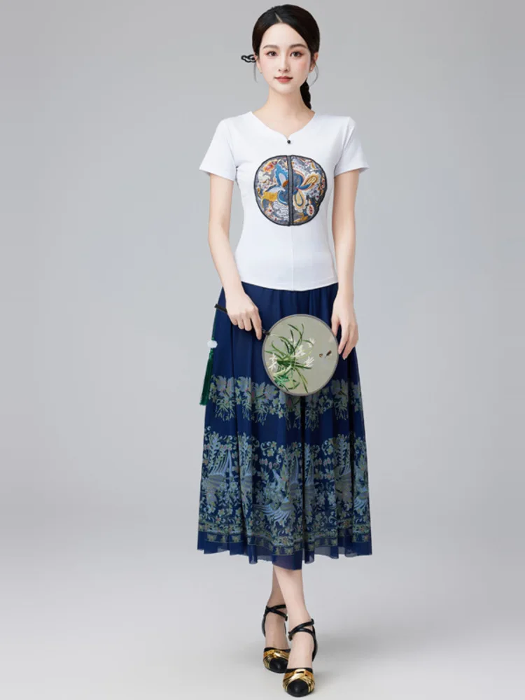 Feminino bordado decote em v manga longa topo e saia de cintura alta 2 peça conjunto traje de dança moderna palco desempenho prática outfit