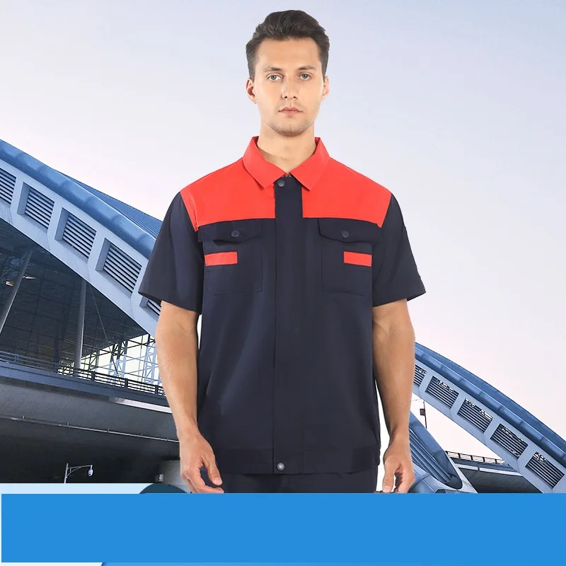 Abbigliamento da lavoro estivo da uomo colore a contrasto maniche corte moda traspirante officina uniforme tuta da lavoro sottile tuta di riparazione automatica