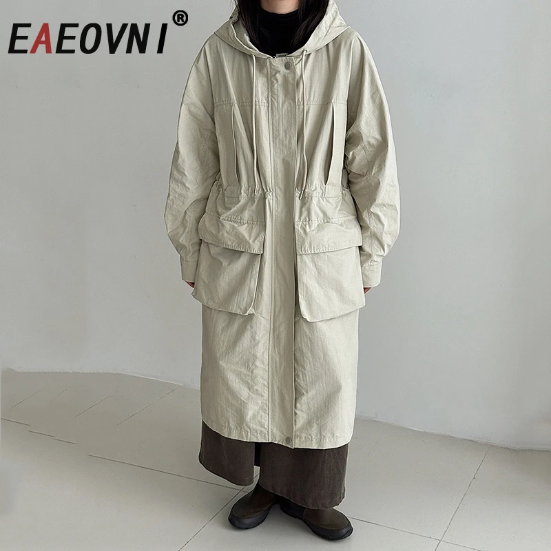

EAEOVNI Autumn Hooded Long Trench Coat Women Fashion Zipper Drawstring Design Pockets Loose Solid Color Windbreaker Clothing