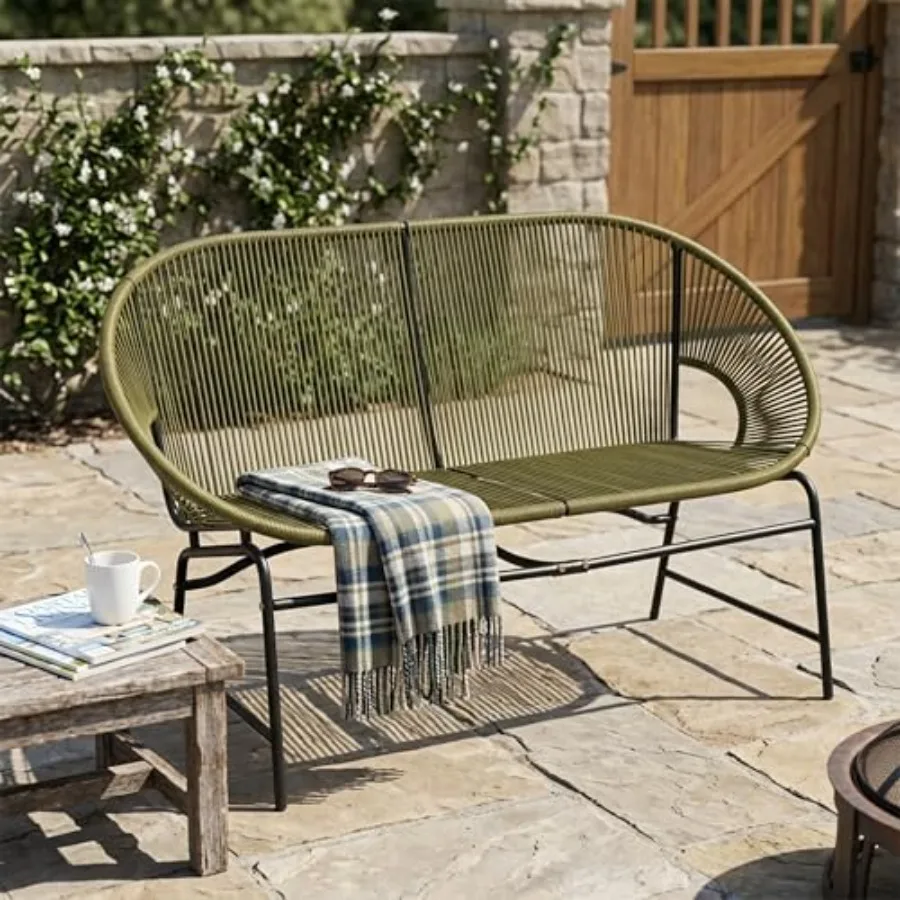 

Outdoor Patio Wicker, PE Rattan and Iron Frame, 2-Seater Weather-Resistant Garden Bench