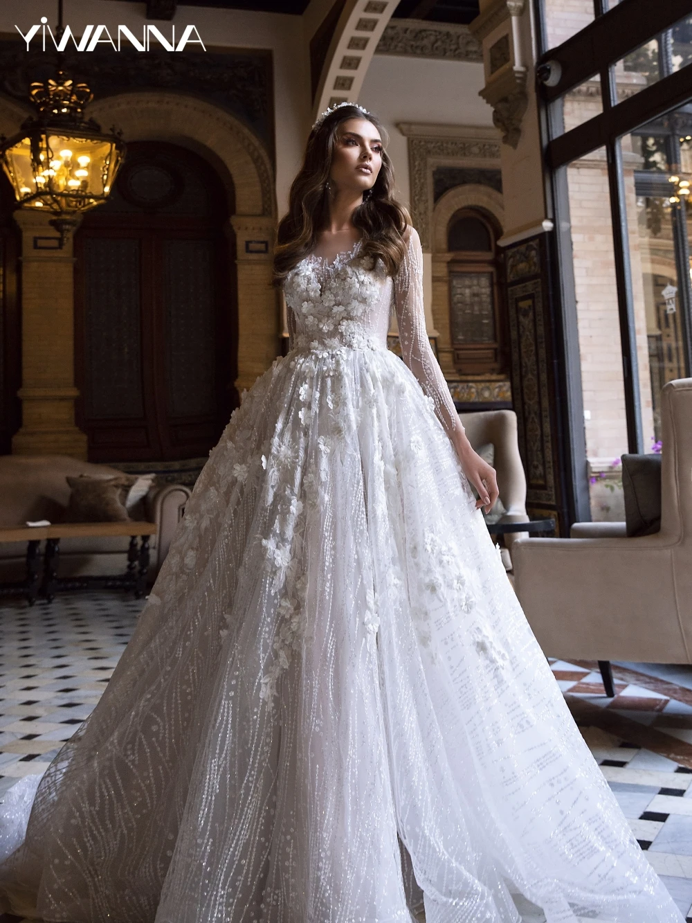 Vestido De Novia De manga larga con cuello barco moderno, brillante, flor 3D, elegante, línea A