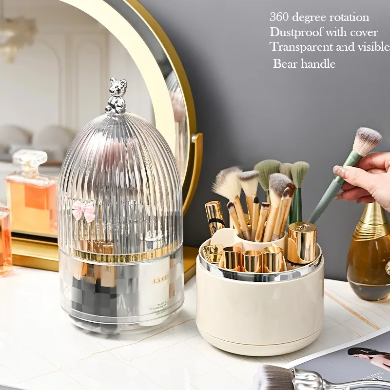 

Makeup Brush Holder Organizer with Lid 360 Rotating Dustproof Makeup Brushes Organizer for Vanity Make Up Spinning Holder Rack