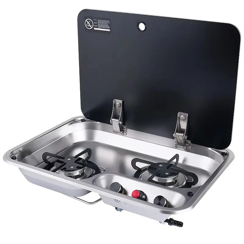 Angled Layout 2 Burner Stainless Steel RV Gas Stove Built-in Camper Cooktop for Van Caravan Motorhome Kitchen