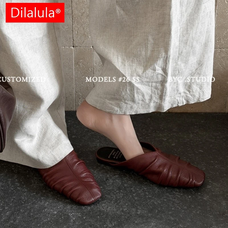 Dilalula 2026 New Genuine Sheepskin Leather women's Mules Covered Toe Flat Heel Casual Slippers Lady Soft Upper Summer Walk Shoe