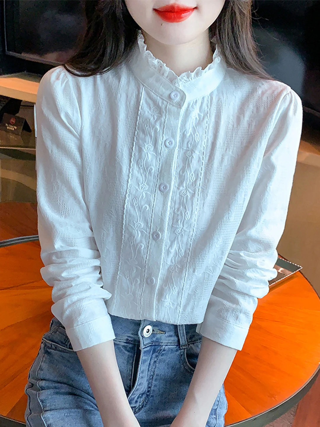 

Loose Long Sve Pure Cotton irt Women's Faion Earbud Stand Collar Breathable Autumn Top Ele Commute Sle Blouse