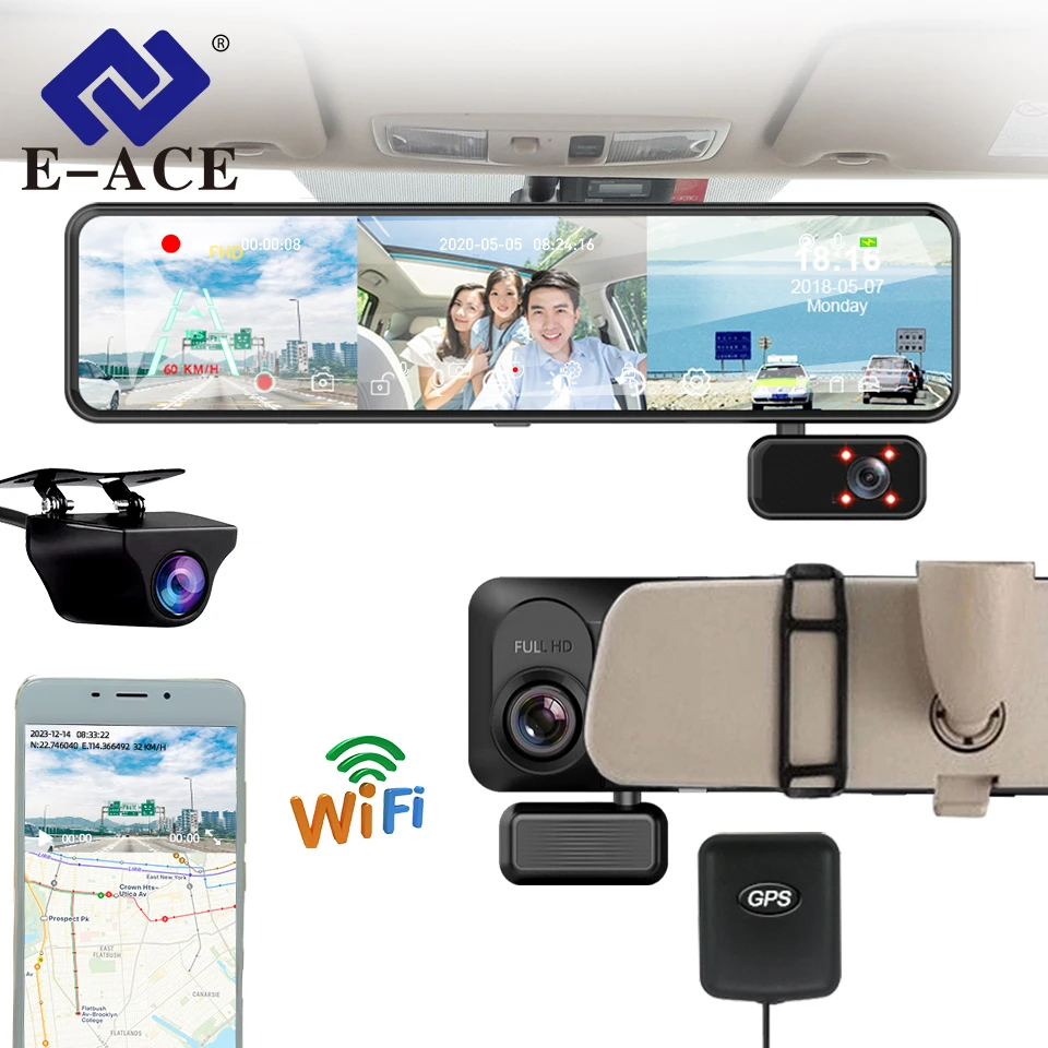 

E-ACE Car Dvr 11.26 Inch Video Recorder 3 Cameras 1080P Stream Media Dash cam Rearview Mirror With Rear Camera Support WIFI GPS