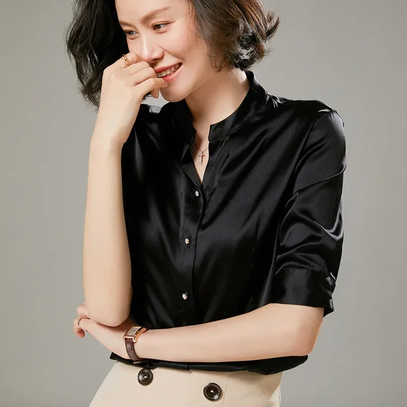 Fashion Stand Collar Solid Color Silk Shirt Women Spring 90% Mulberry Silk Shirts Mid-sleeve Slim Tops Casual Silk Blouse Zm2780