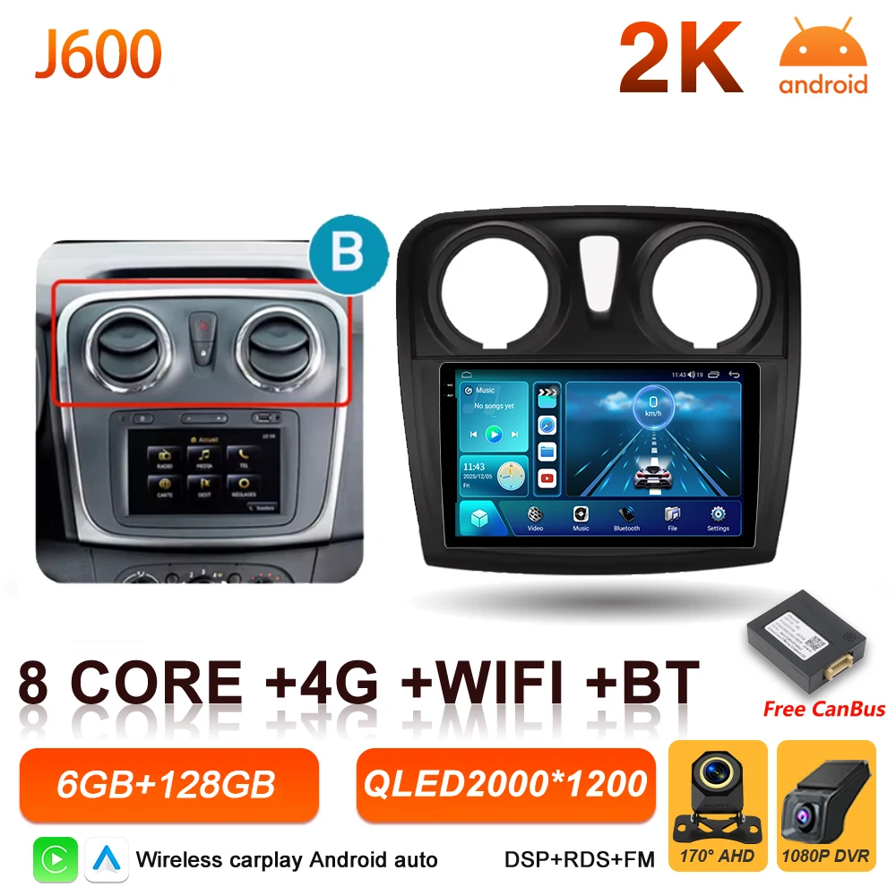 Android 16 Auto Autoradio voor Renault Logan Sandero 2 2012 - 2019 Draadloze Carplay Multimedia Speler GPS Navigatie DSP 5G Wifi