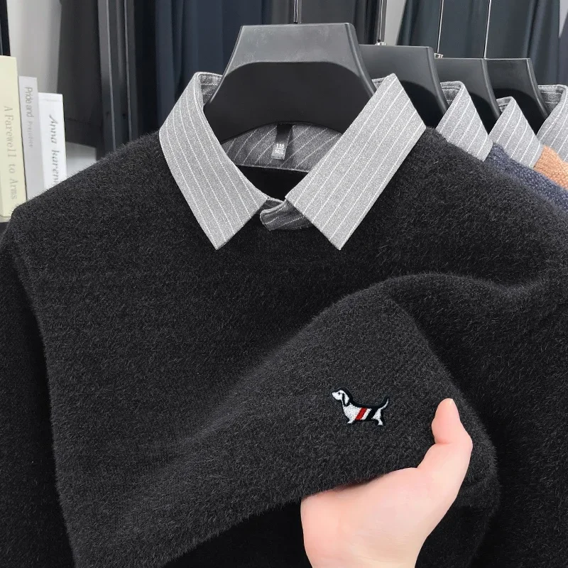 

Luxury Brand Men's Contrast Color Lapel Hood Sweater Winter New arrival Thicken Small Dog Print Warm Knitwear Business Menswear