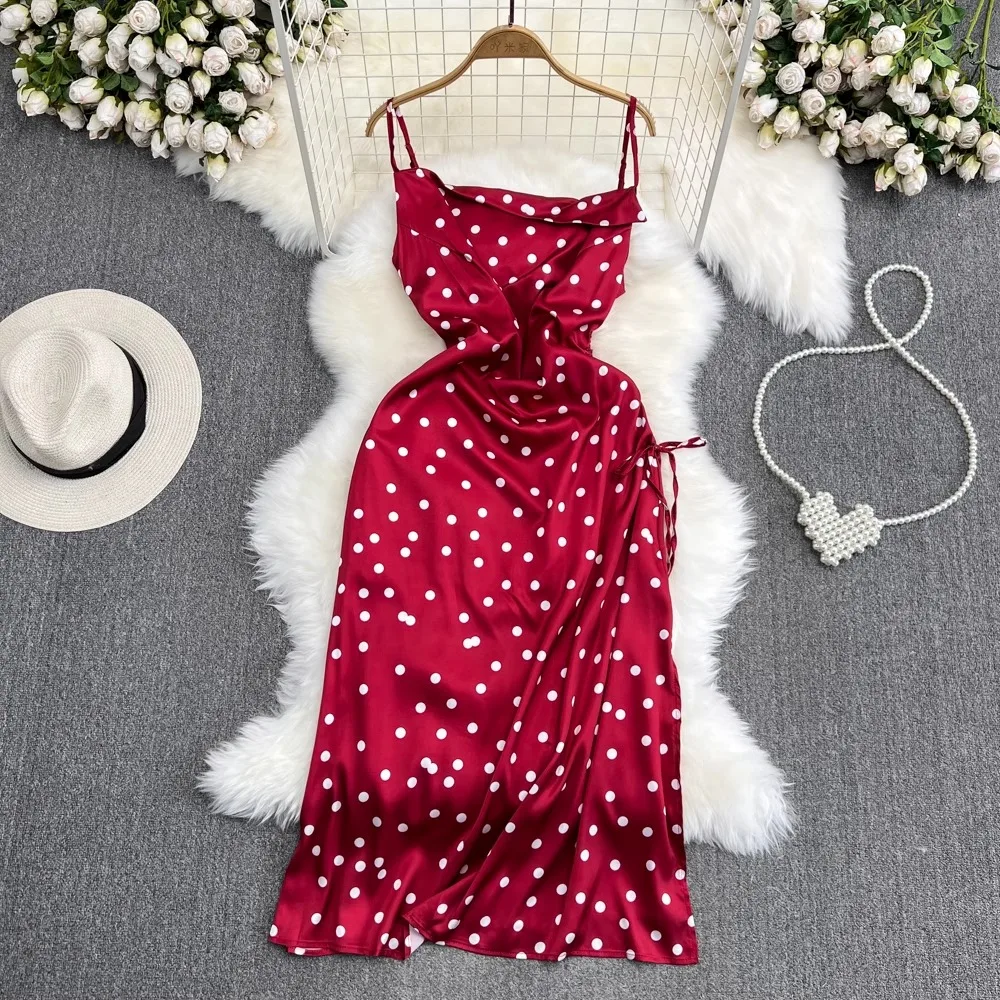 YuooMuoo Chic Polka Dot Camisole Dress for Women 2024 Summer Sexy High Split Drawstring Vacation Beach Long Dress Party Vestidos