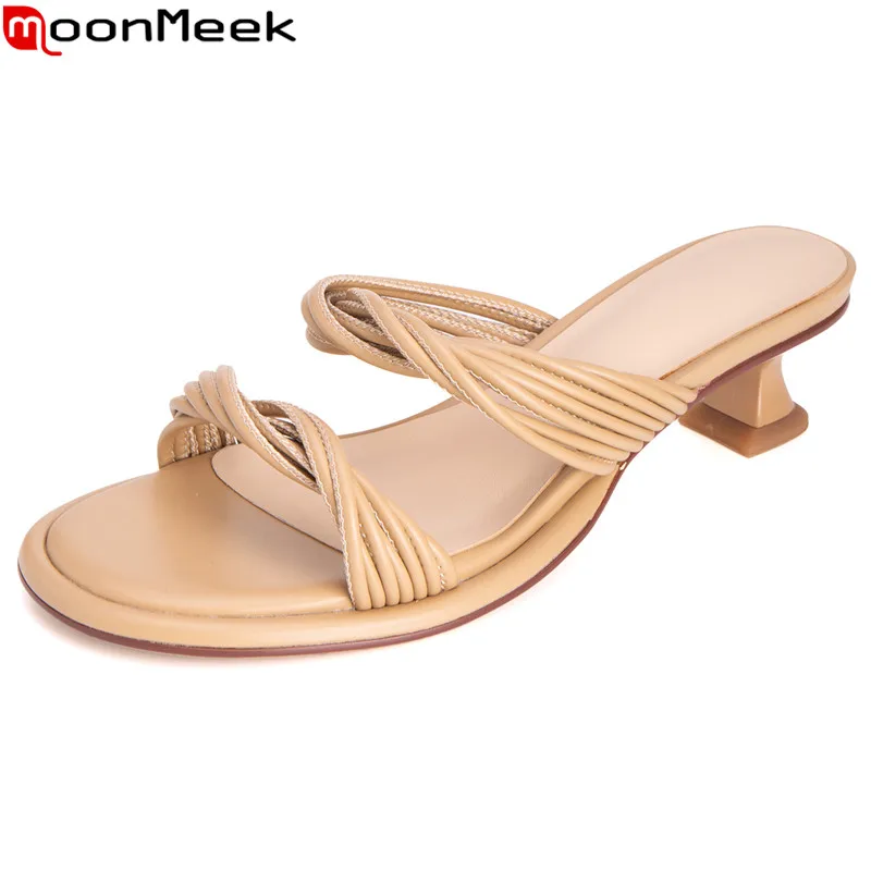 

MoonMeek Size 33-42 New Sheepskin Leather Slippers Thick Med Heels Women Slippers 2023 Top Sale Ladies Casual Summer Shoes