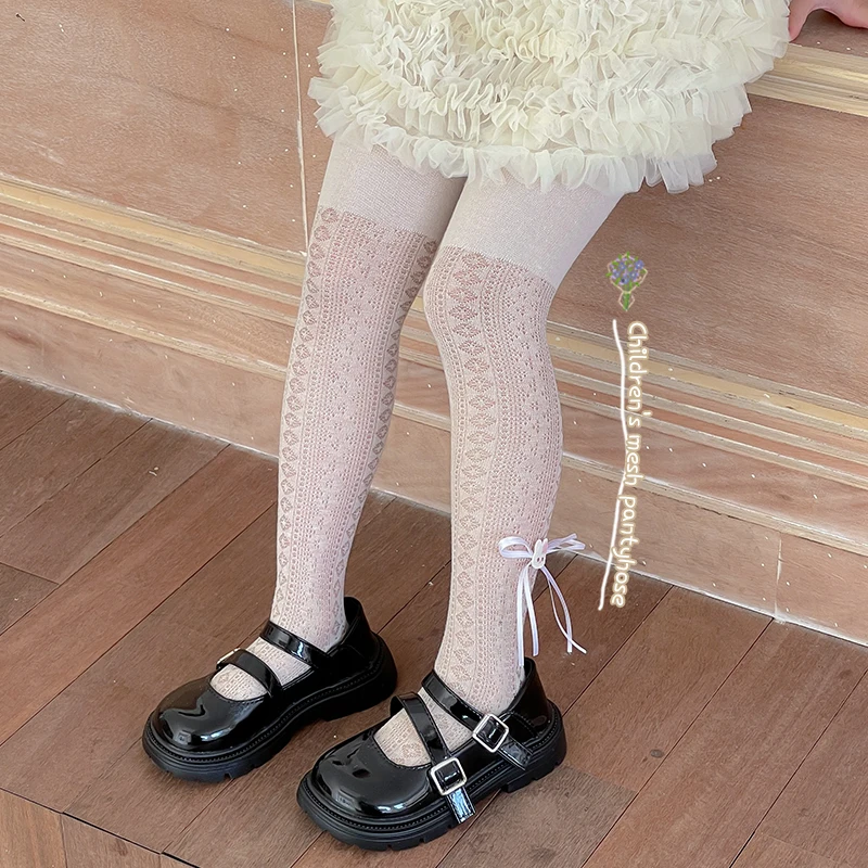 Kawaii Girls Breathable Mesh Footed Tights With Bunny Bowknot Pattern Soft Stretchy Hollow Design Elastic Waist Pantyhose Daily