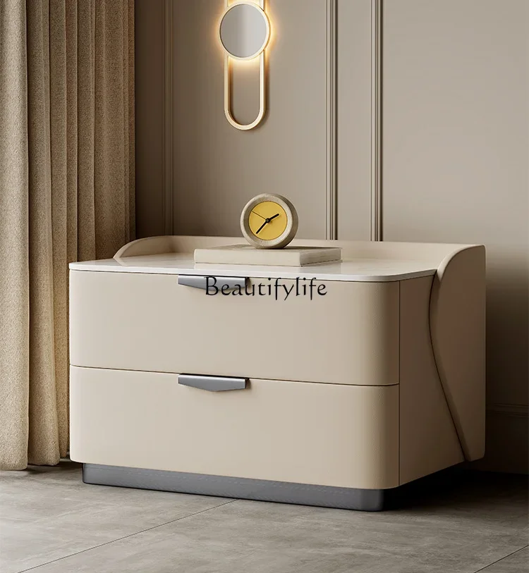 

Light Luxury Minimalist Bedside Table Modern Simple Cream Wind Solid Wood Slate Free Installation