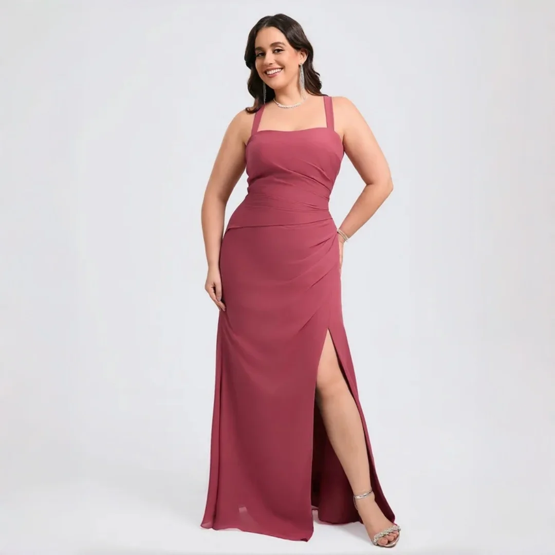 Plus Size Dusty Rose Chiffon Bridesmaid Dress Wide Strap Square Neck Waist Ruched Side Draped High Side Slit Sheath Floor Dress