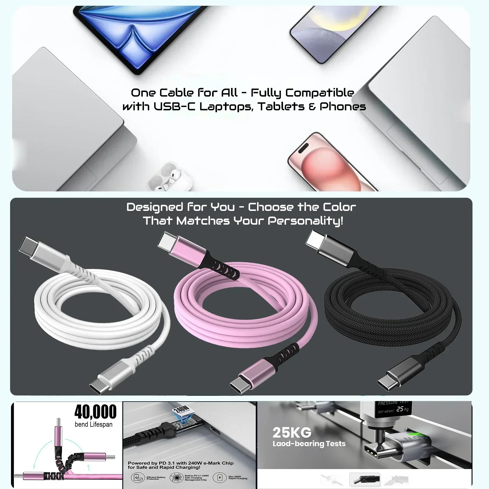 Parallel World USB-C to USB-C Charging Cable 240W High-Quality Type-C Cable with Built-in E-Marker Chip
