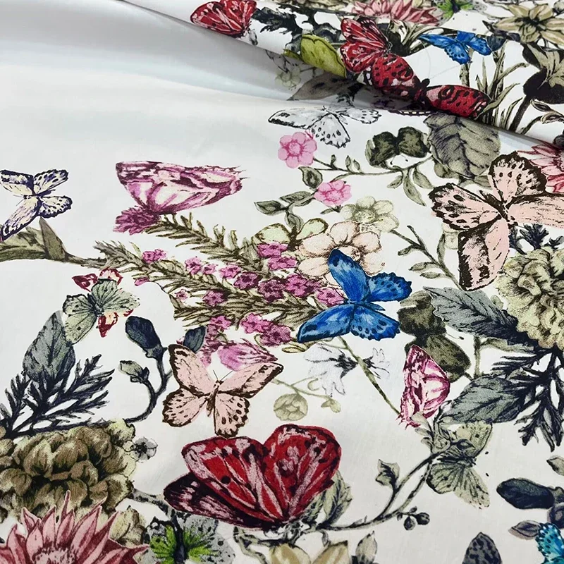 2024 Brand Cotton Printed Butterfly Flower Pattern Fabric for Dress Shirt High Quality Elastic Satin Fabric Material for Clothes